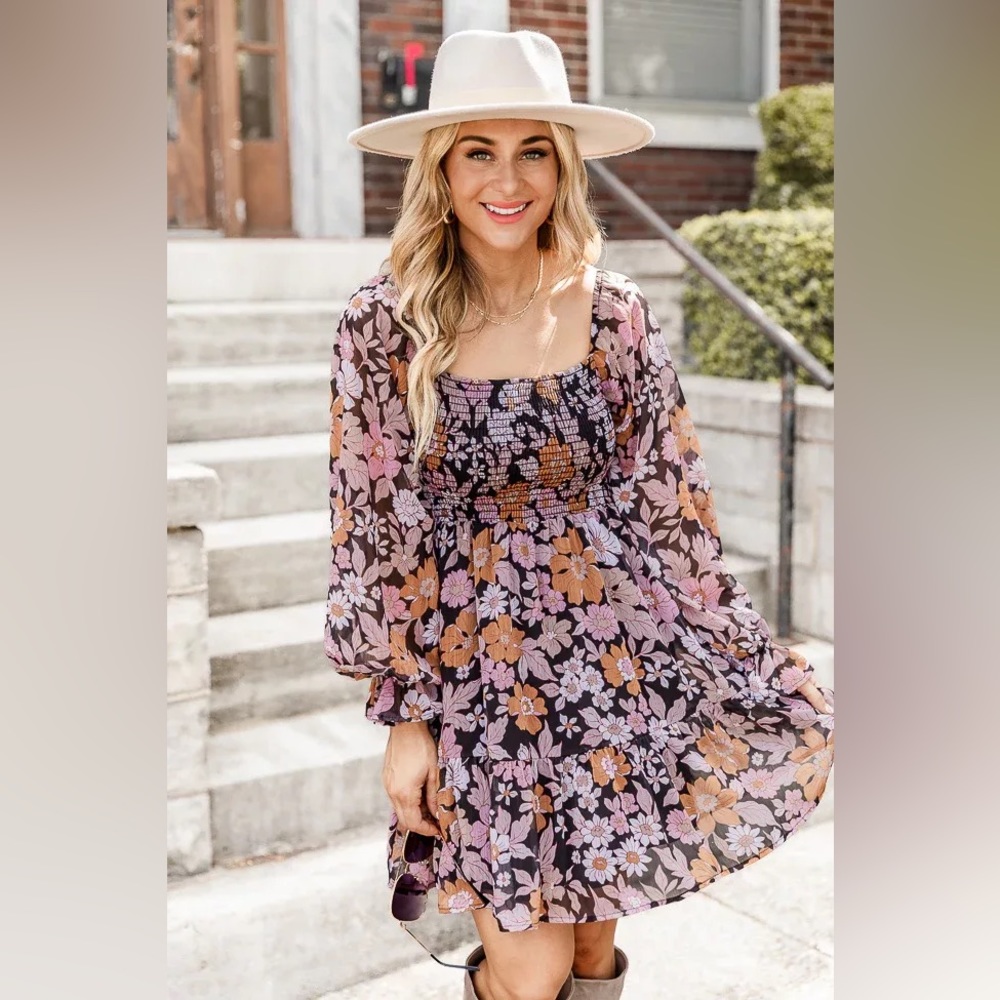 Pink Lily Destined to be Floral Long Sleeve Mini Dress - Size Medium